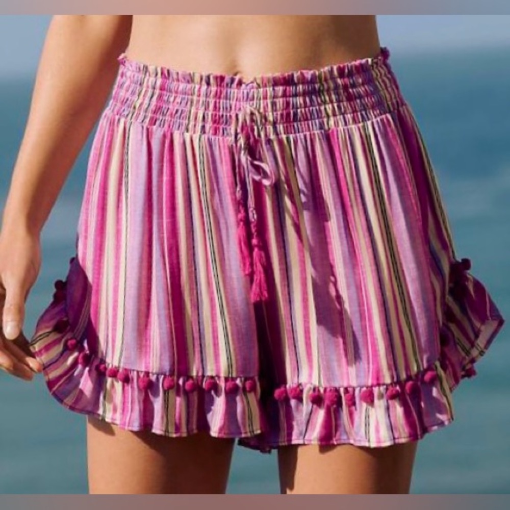 Anthropologie High Waisted Striped Ruffle Tassel Shorts
